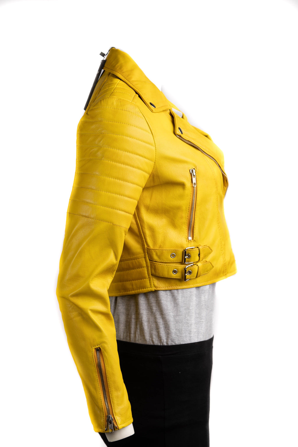 Ladies Yellow Cropped Leather Biker Style Jacket: Concetta