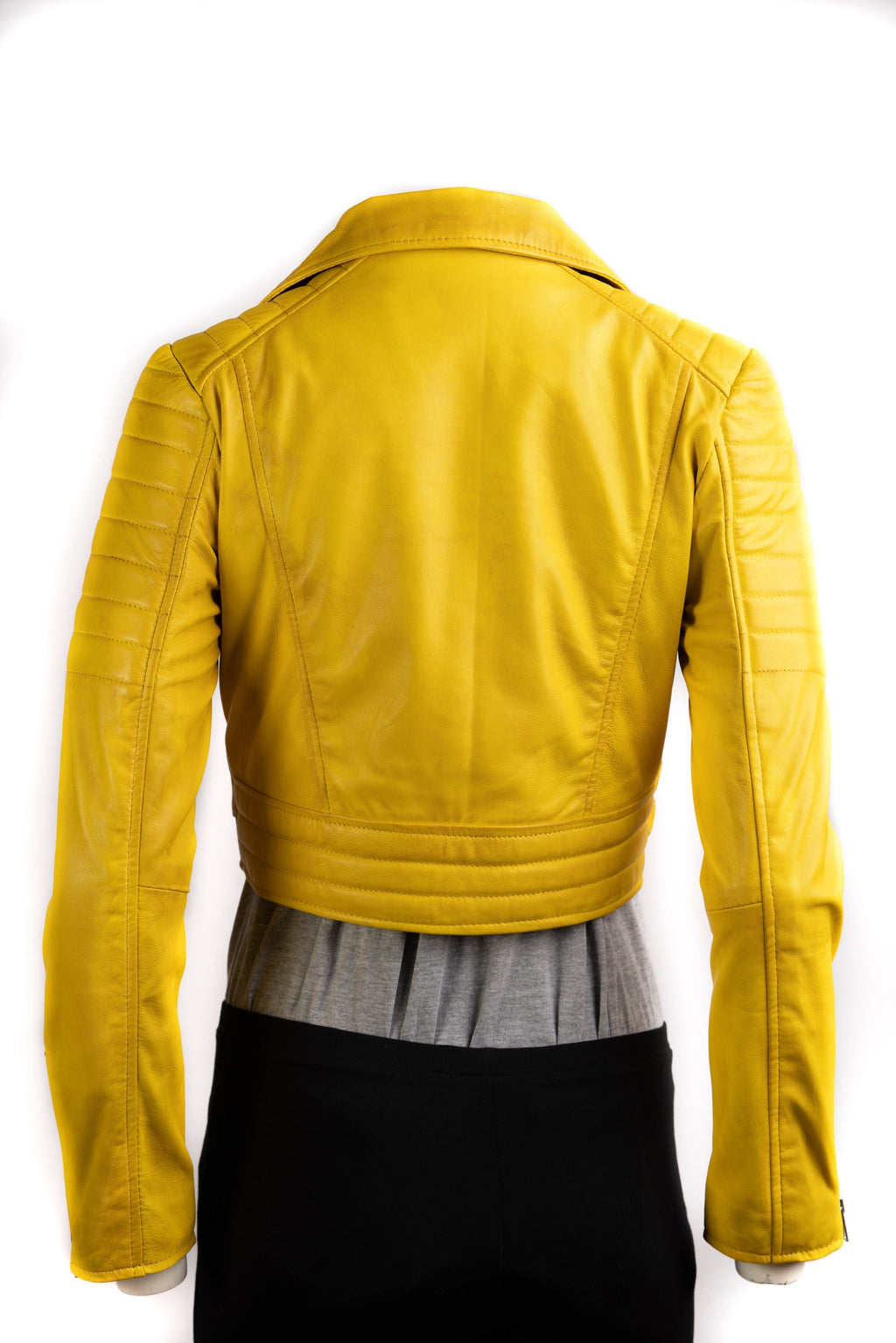 Ladies Yellow Cropped Leather Biker Style Jacket: Concetta