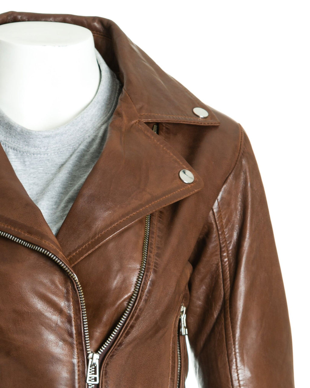 Women's Brown Asymmetric Leather Biker Jacket: Assisi