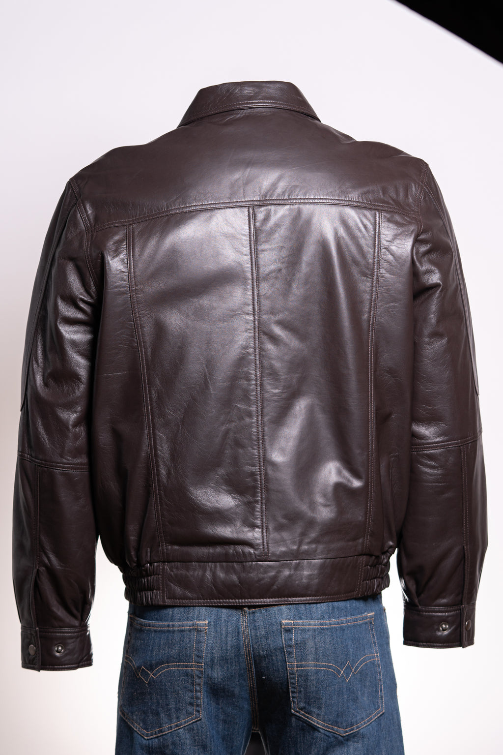 Men's Dark Brown Simple Blouson Style Leather Jacket with Elasticated Waist: Giuliano