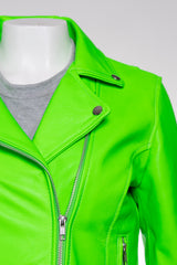 Ladies Fluorescent Green Leather Biker Jacket - Caroline