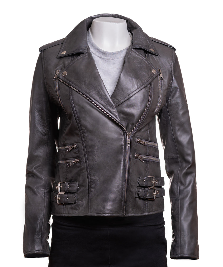 Ladies Grey Buckled Asymmetric Biker Style Leather Jacket: Angelica