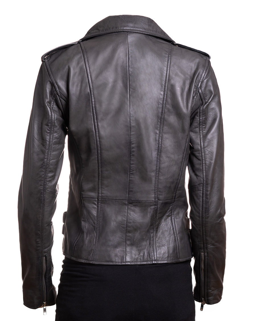 Ladies Grey Buckled Asymmetric Biker Style Leather Jacket: Angelica