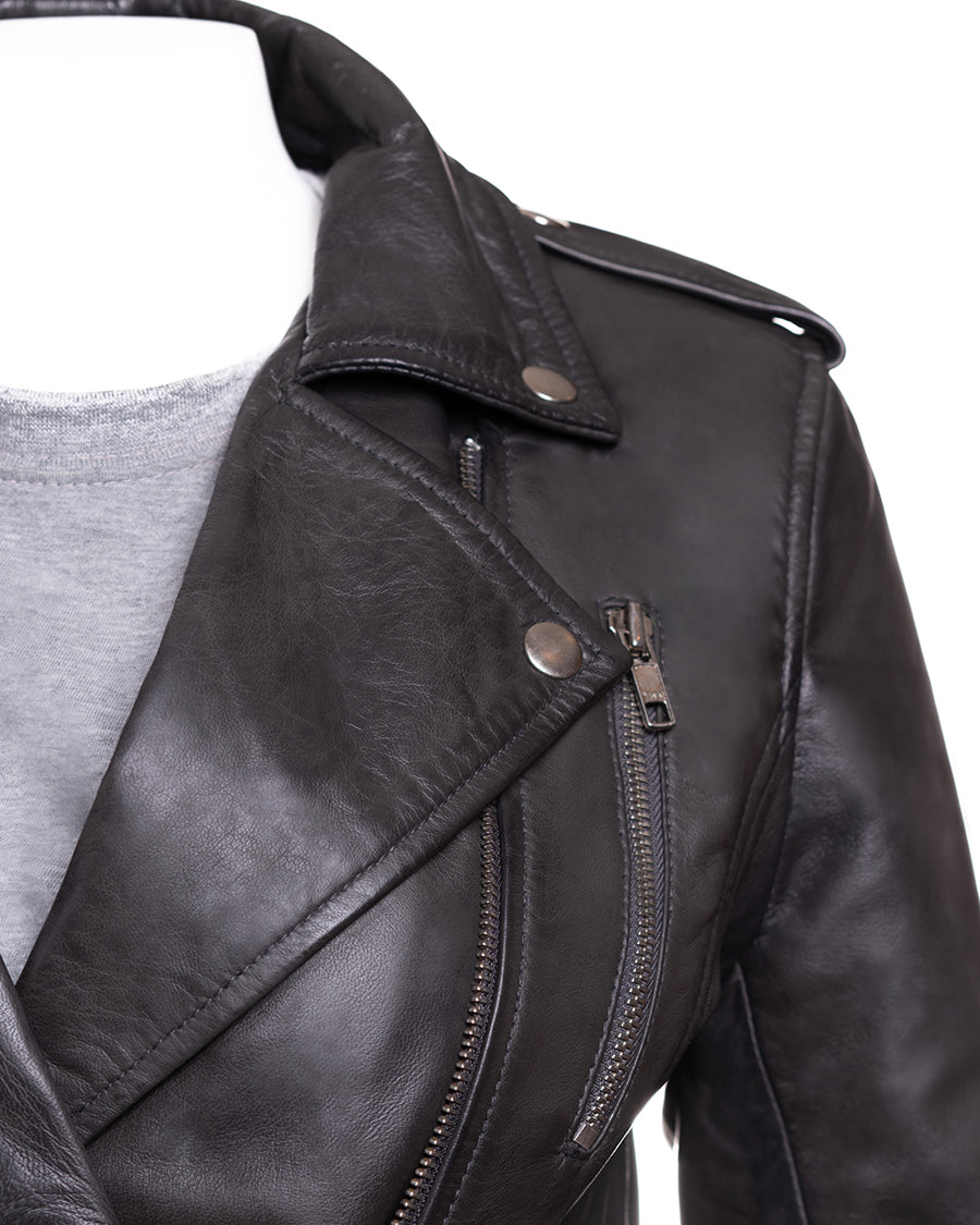Ladies Grey Buckled Asymmetric Biker Style Leather Jacket: Angelica
