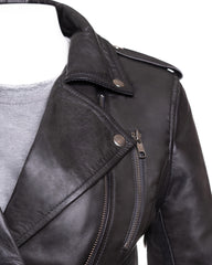 Ladies Grey Buckled Asymmetric Biker Style Leather Jacket: Angelica