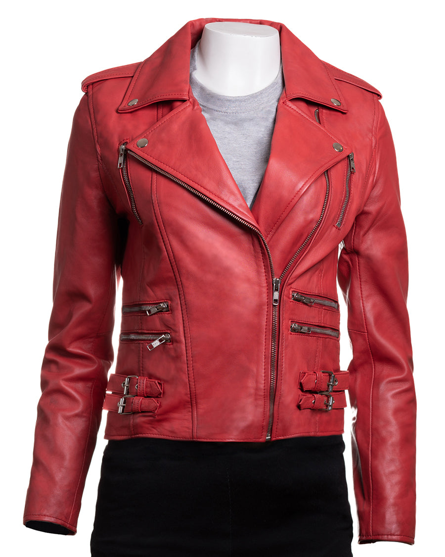 Ladies Red Buckled Asymmetric Biker Style Leather Jacket: Angelica