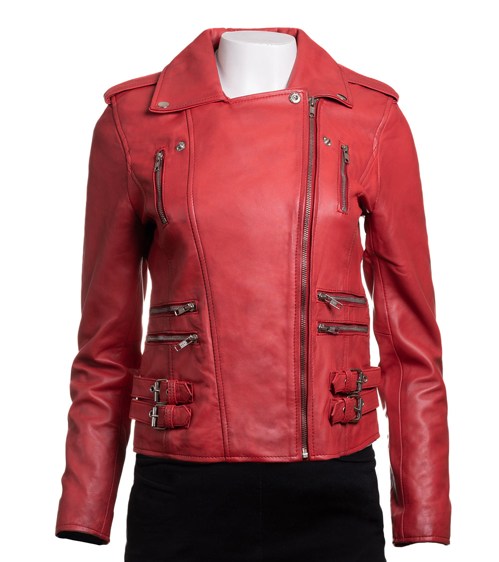 Ladies Red Buckled Asymmetric Biker Style Leather Jacket: Angelica