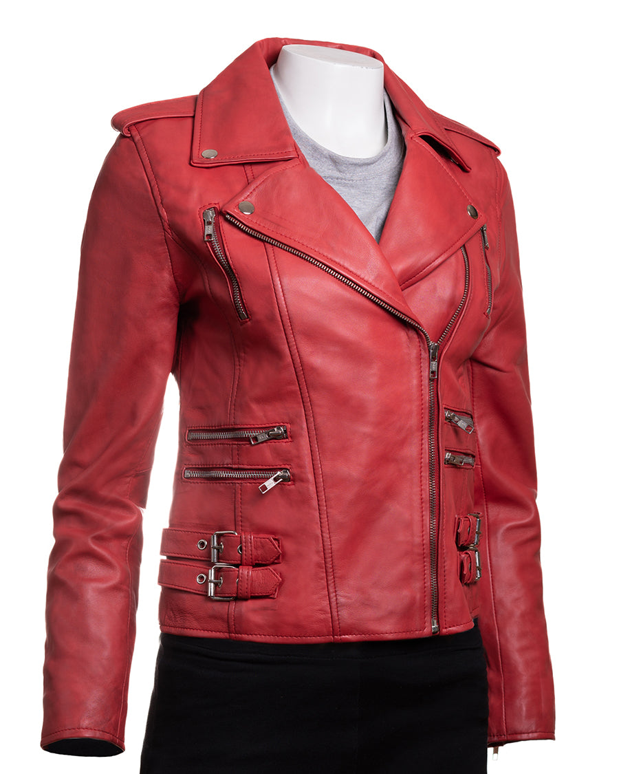 Ladies Red Buckled Asymmetric Biker Style Leather Jacket: Angelica