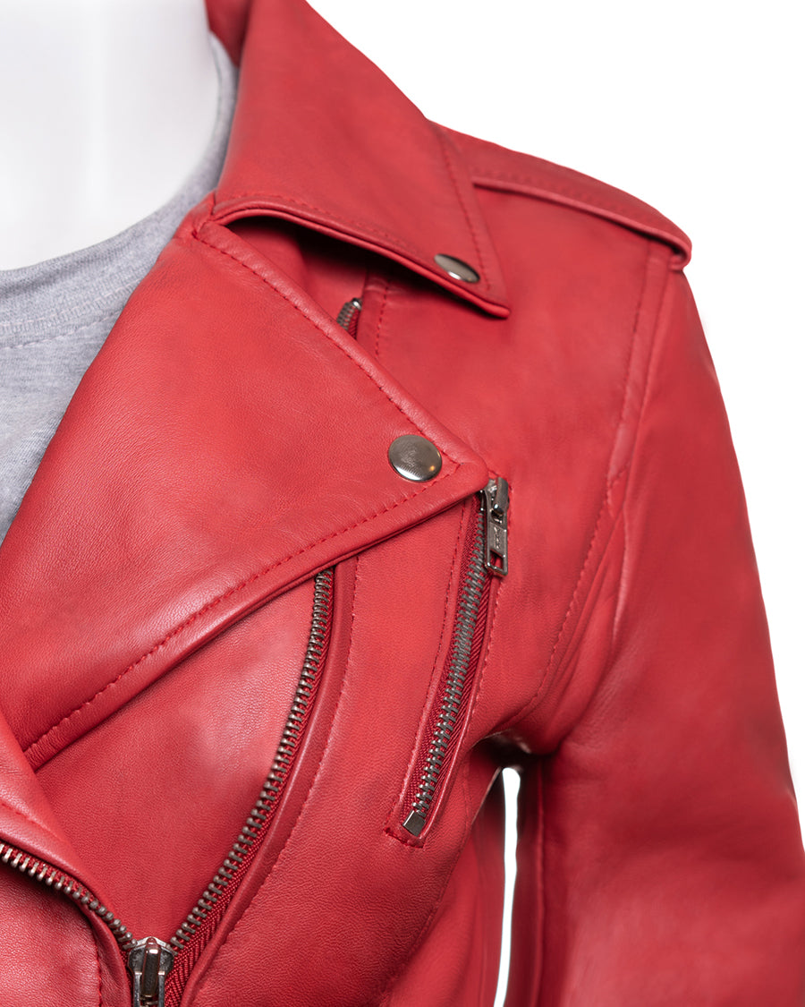 Ladies Red Buckled Asymmetric Biker Style Leather Jacket: Angelica