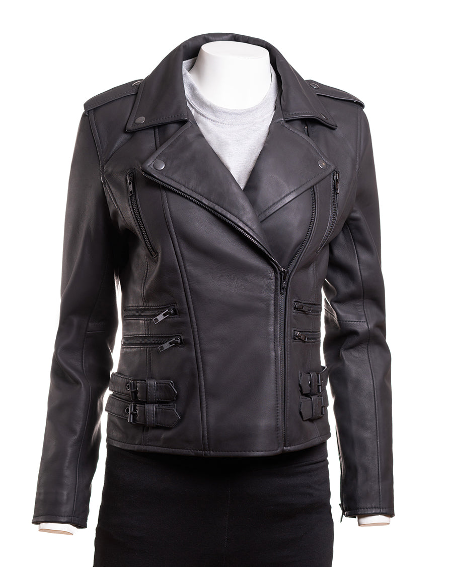 Ladies Matte Black Buckled Asymmetric Biker Style Leather Jacket: Angelica
