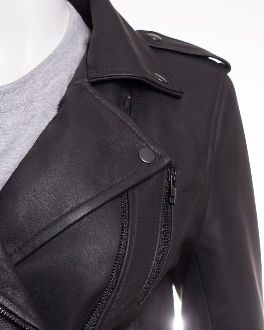 Ladies Matte Black Buckled Asymmetric Biker Style Leather Jacket: Angelica