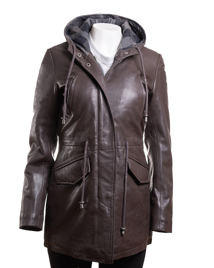 Ladies Soft Brown Hooded Leather Parka Jacket - Cordelia