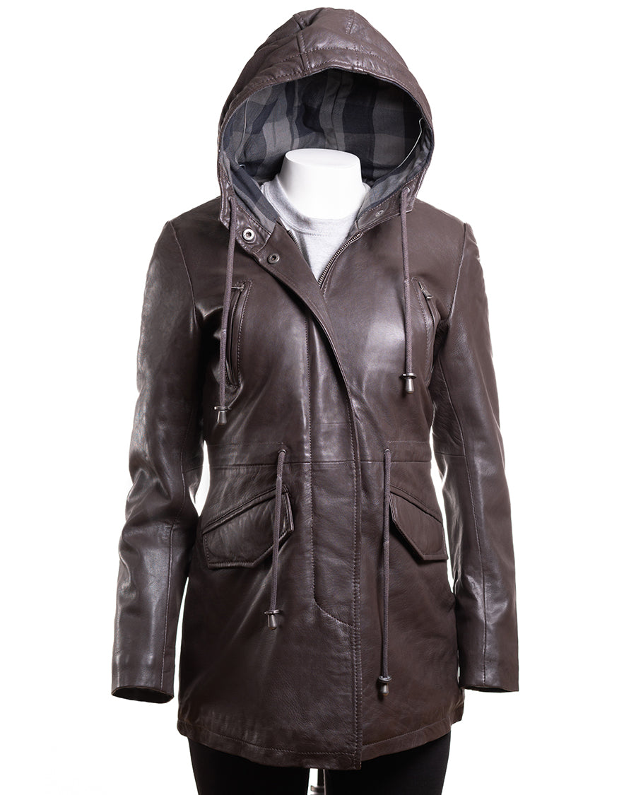 Ladies Soft Brown Hooded Leather Parka Jacket - Cordelia