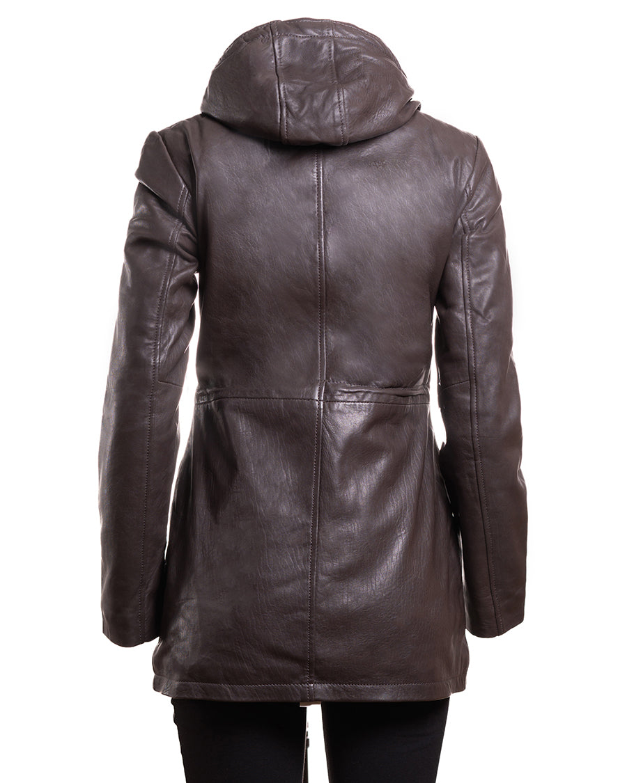 Ladies Soft Brown Hooded Leather Parka Jacket - Cordelia