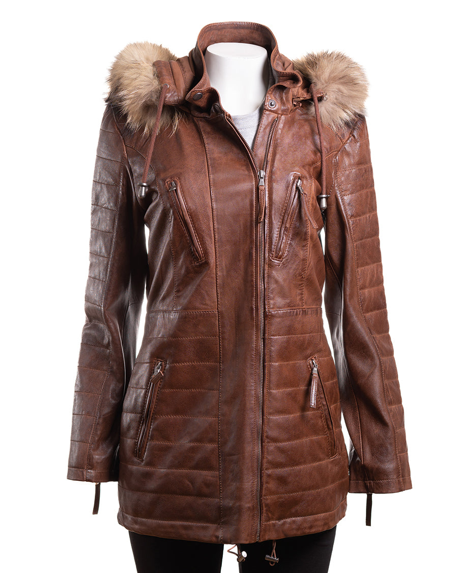 Ladies Antique Cognac Horizontal Panel Parka Coat With Detachable Hood - Sofia