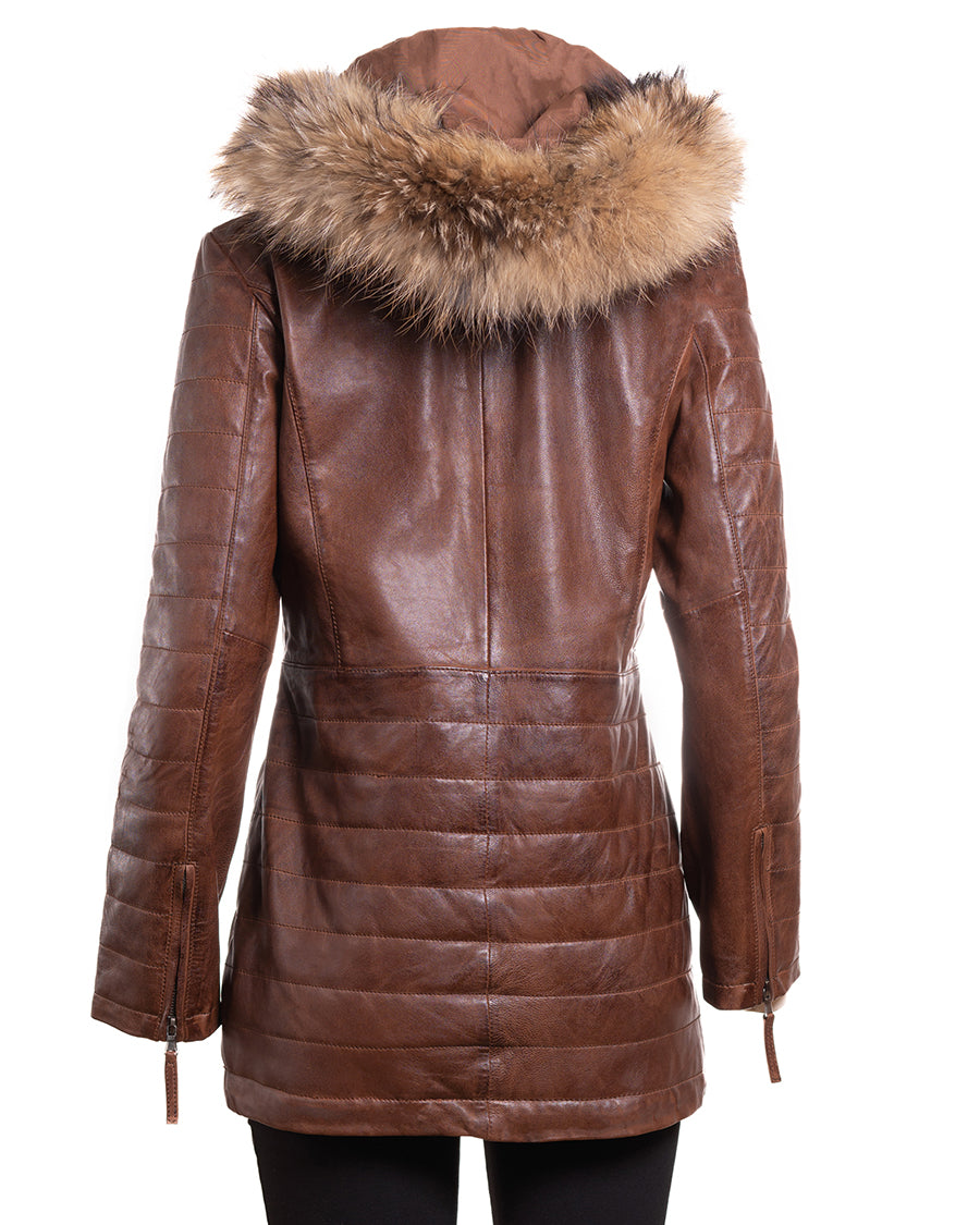 Ladies Antique Cognac Horizontal Panel Parka Coat With Detachable Hood - Sofia