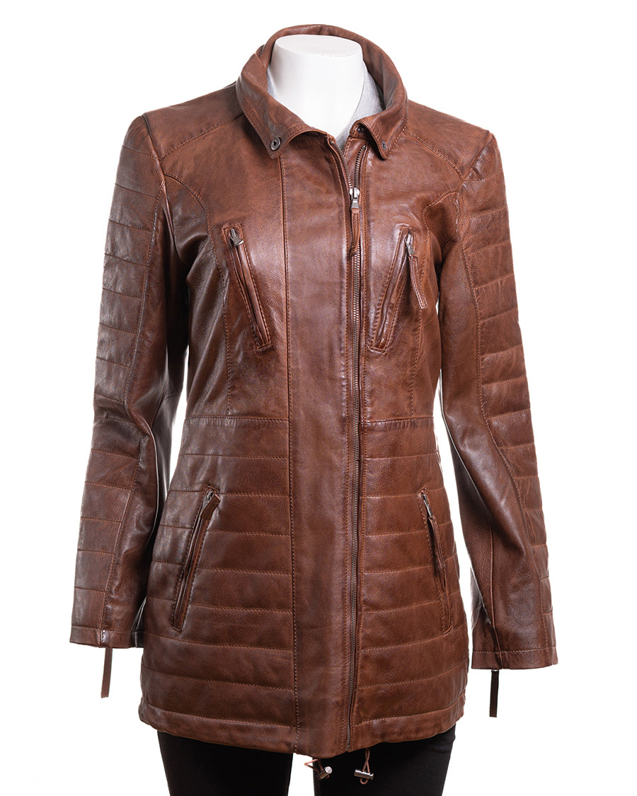 Ladies Antique Cognac Horizontal Panel Parka Coat With Detachable Hood - Sofia