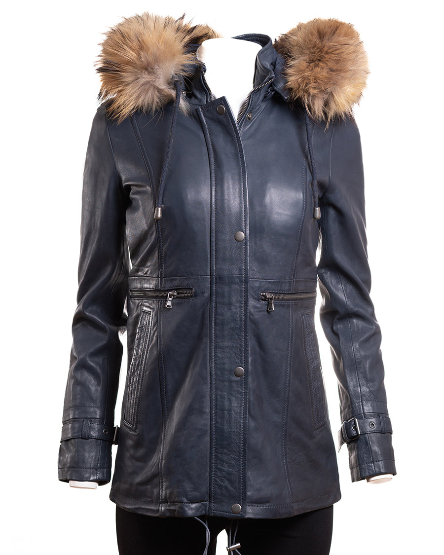 Ladies Navy Leather Parka Coat With Detachable Hood - Nancy