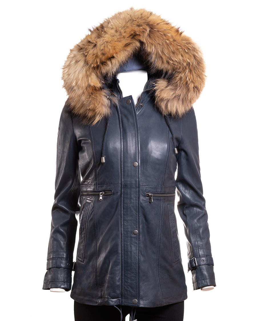 Ladies Navy Leather Parka Coat With Detachable Hood - Nancy