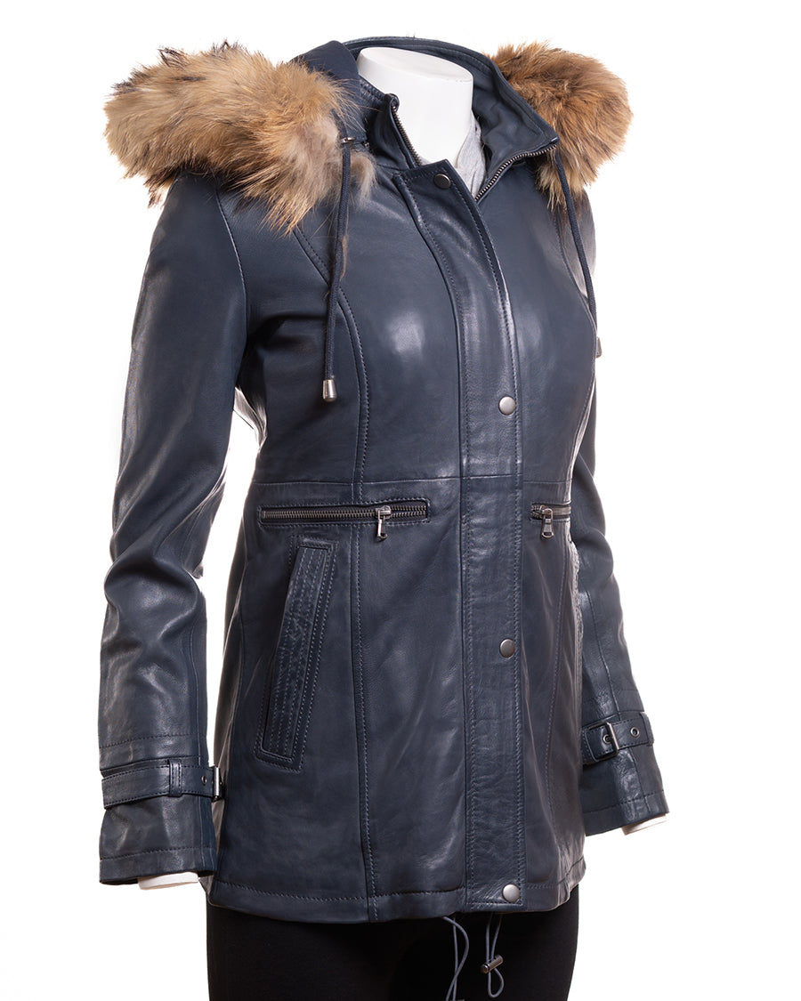Ladies Navy Leather Parka Coat With Detachable Hood - Nancy