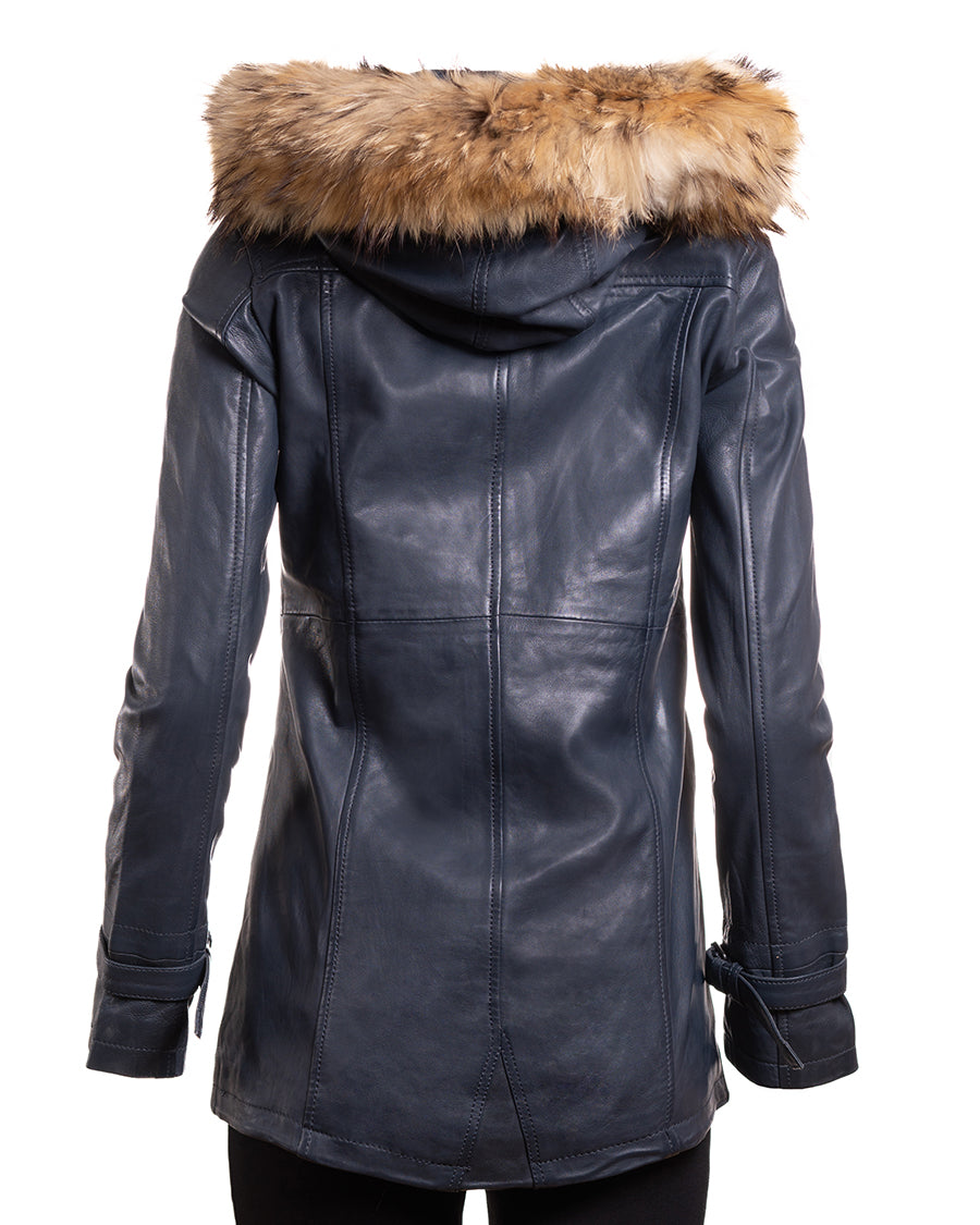 Ladies Navy Leather Parka Coat With Detachable Hood - Nancy
