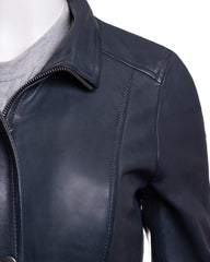 Ladies Navy Leather Parka Coat With Detachable Hood - Nancy