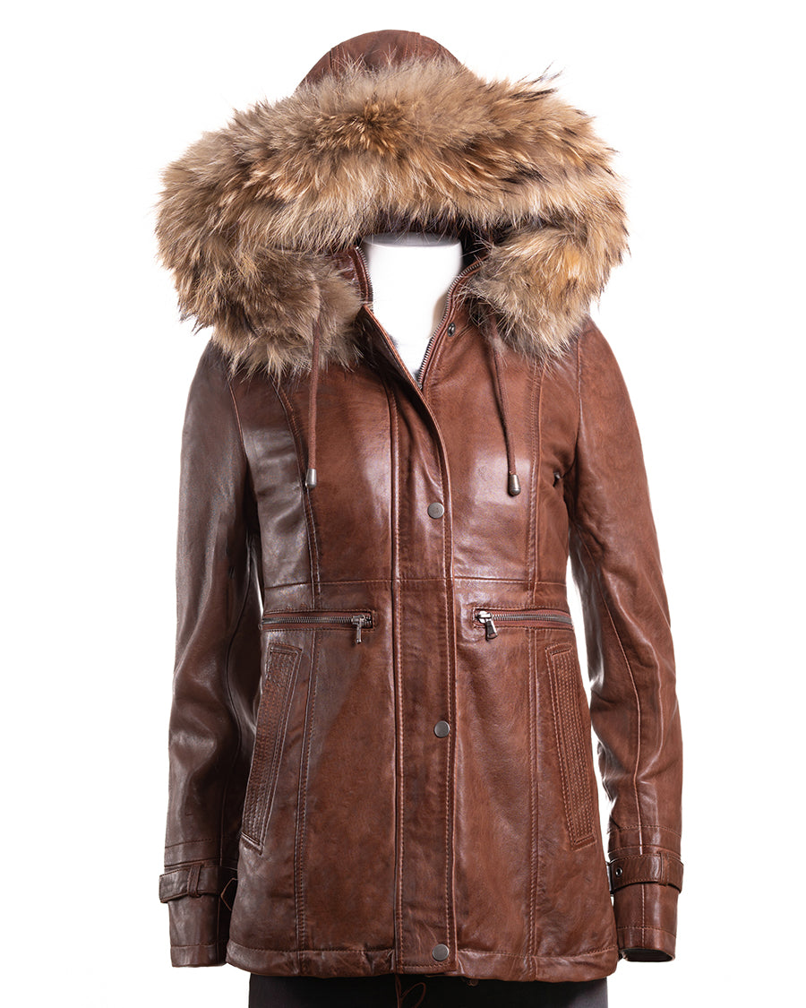 Ladies Cognac Leather Parka Coat With Detachable Hood - Nancy