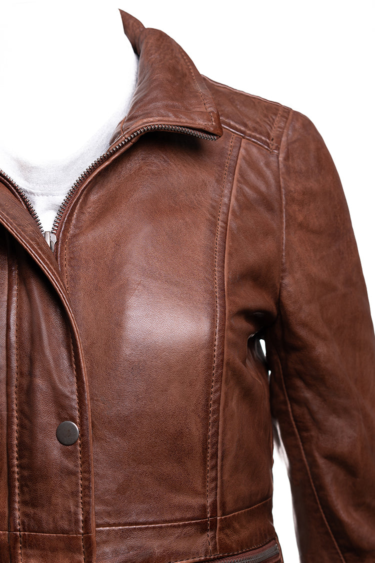 Ladies Cognac Leather Parka Coat With Detachable Hood - Nancy