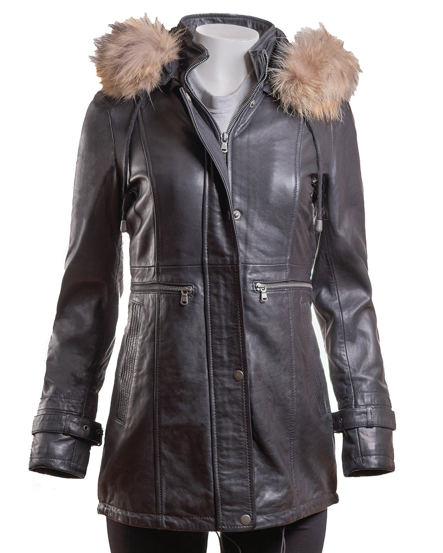 Ladies Black Leather Parka Coat With Detachable Hood - Nancy