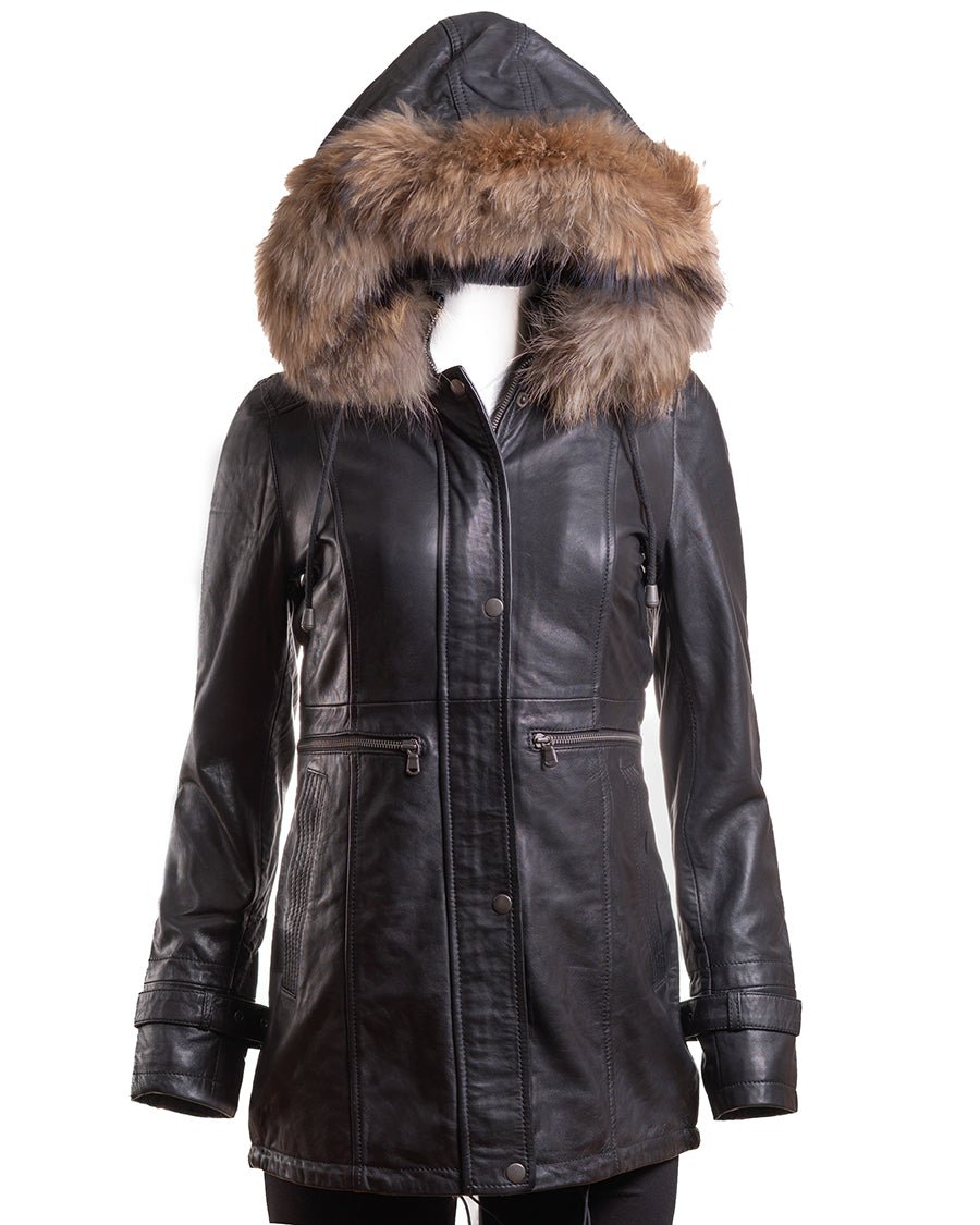 Ladies Black Leather Parka Coat With Detachable Hood Nancy BLACK