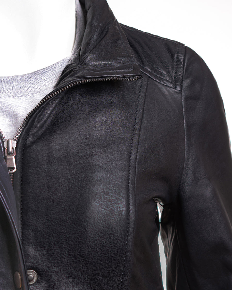 Ladies Black Leather Parka Coat With Detachable Hood - Nancy