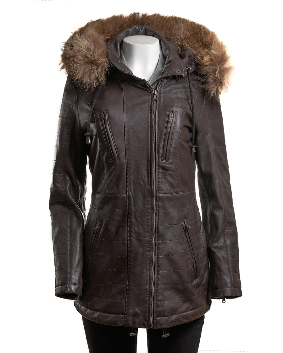 Ladies Dark Brown Horizontal Panel Parka Coat With Detachable Hood - Sofia