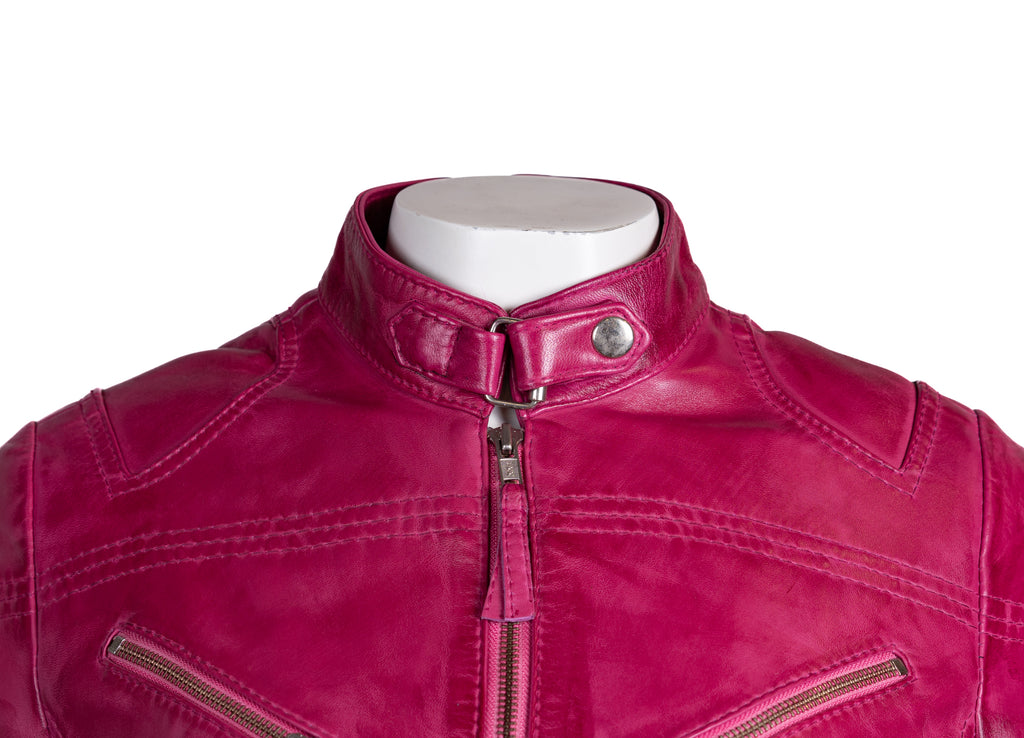 Ladies Antique Pink Slim Fit Biker Style Leather Jacket: Ella