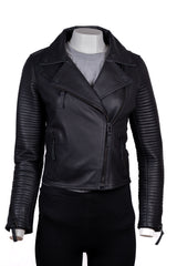 Ladies Matte Black Asymmetric Panelled Biker Style Leather Jacket: Carmen
