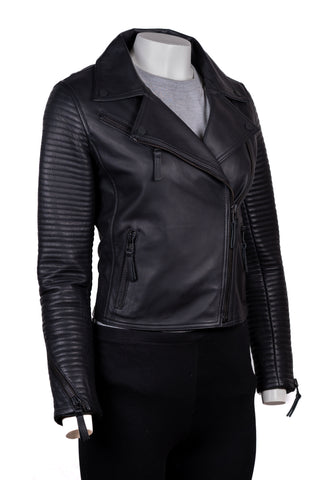 Ladies Matte Black Asymmetric Panelled Biker Style Leather Jacket: Carmen