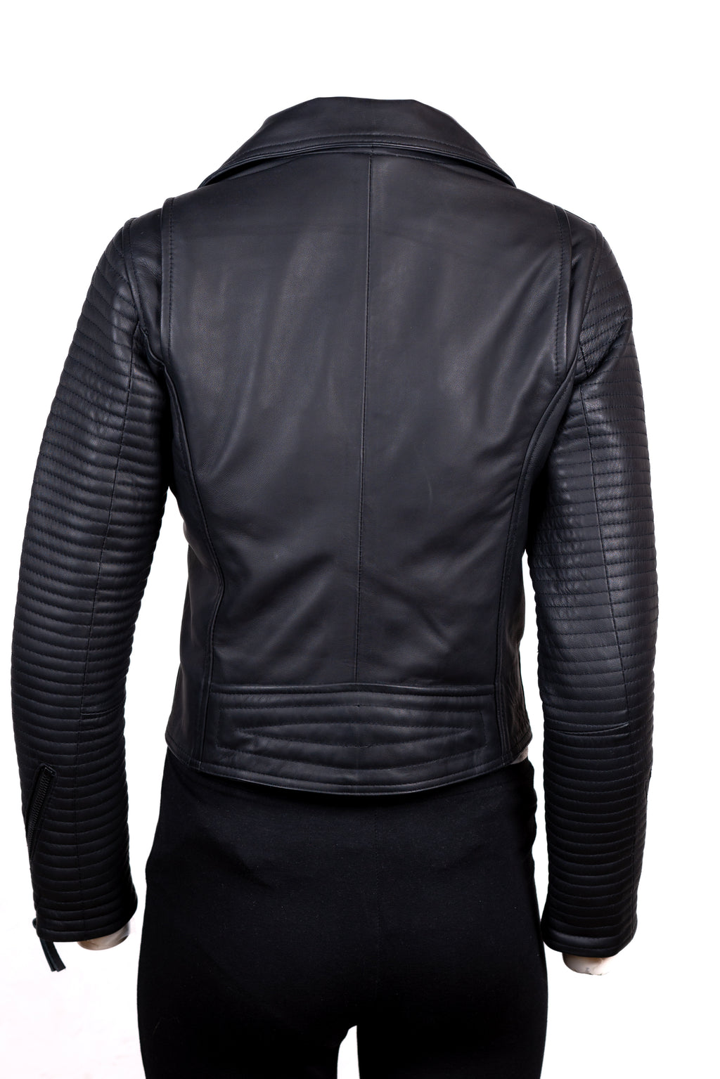 Ladies Matte Black Asymmetric Panelled Biker Style Leather Jacket: Carmen