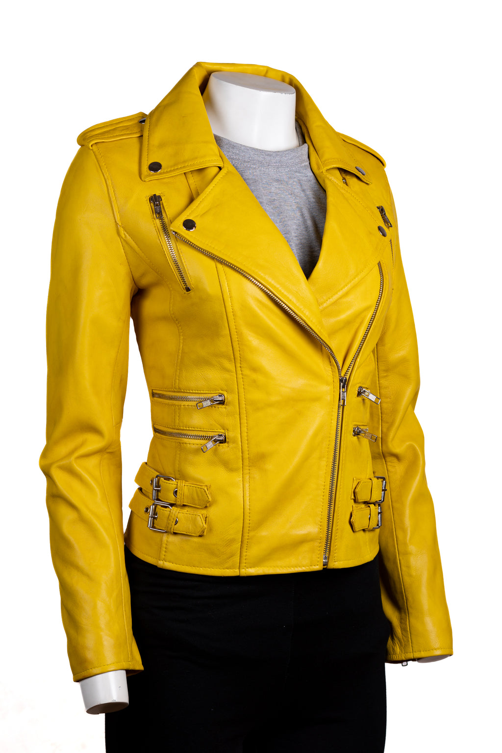 Ladies Yellow Buckled Asymmetric Biker Style Leather Jacket: Angelica
