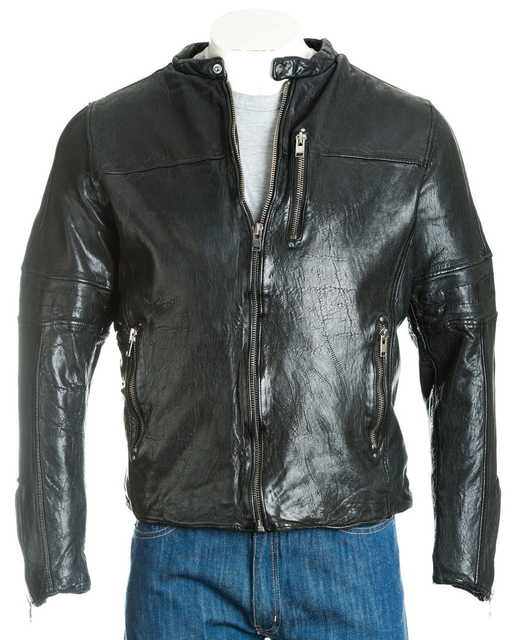 Men's Black Hi-Shine Collarless Biker Jacket: Gino – Leather Jacket Company