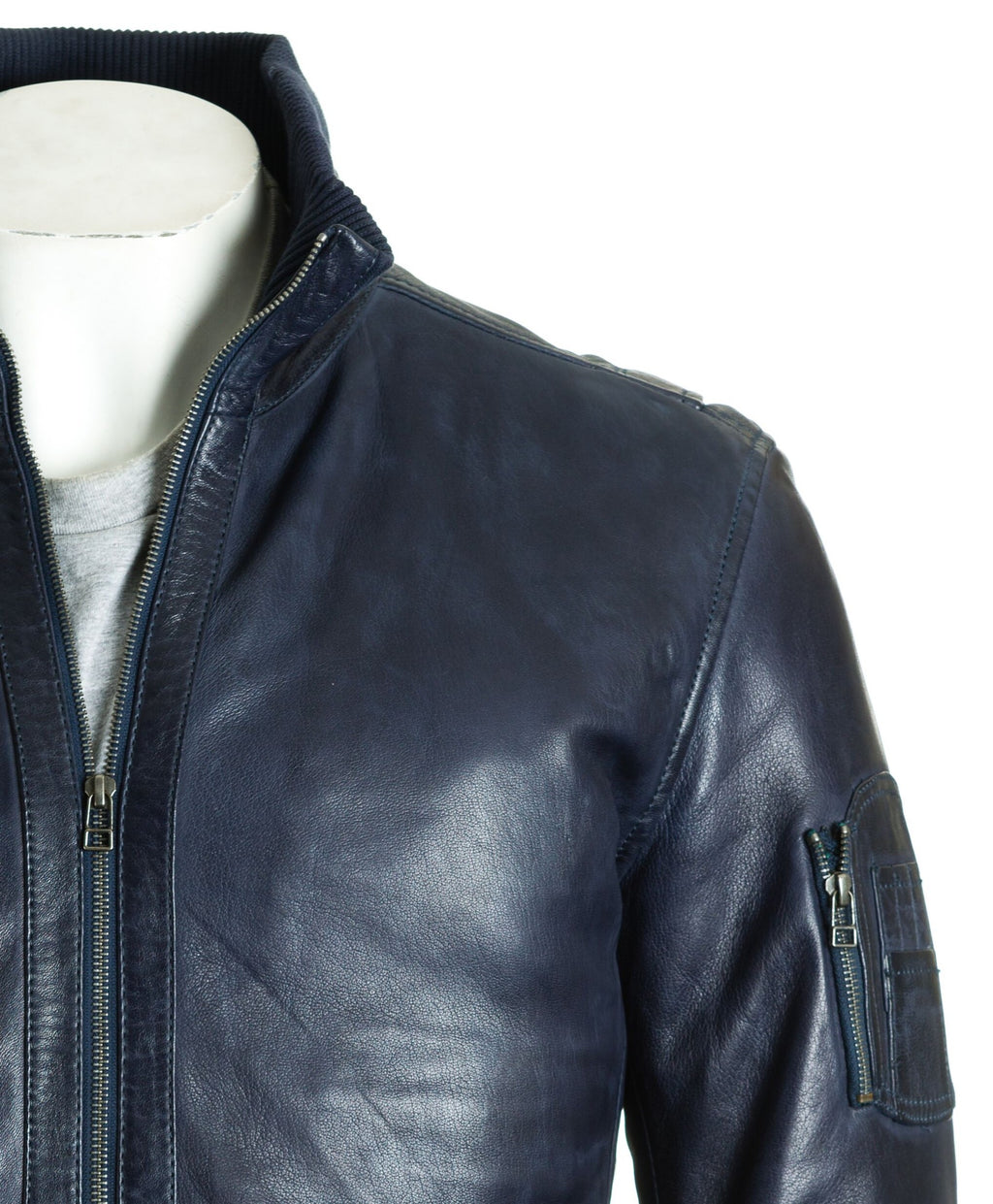 Men's Navy Stand-Up Rib-Knit Collared Leather Bomber: Otello