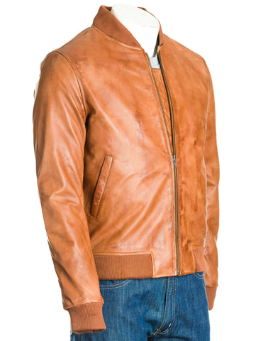 Men's Antique Tan Rib-Knit Collar Leather Bomber Jacket: Benedict