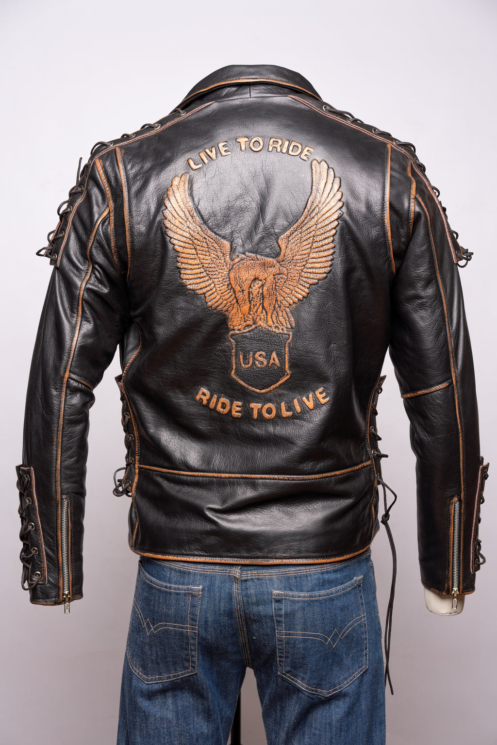 Men's Embossed Brando Style Cow Hide Biker Jacket with Laces - Abe