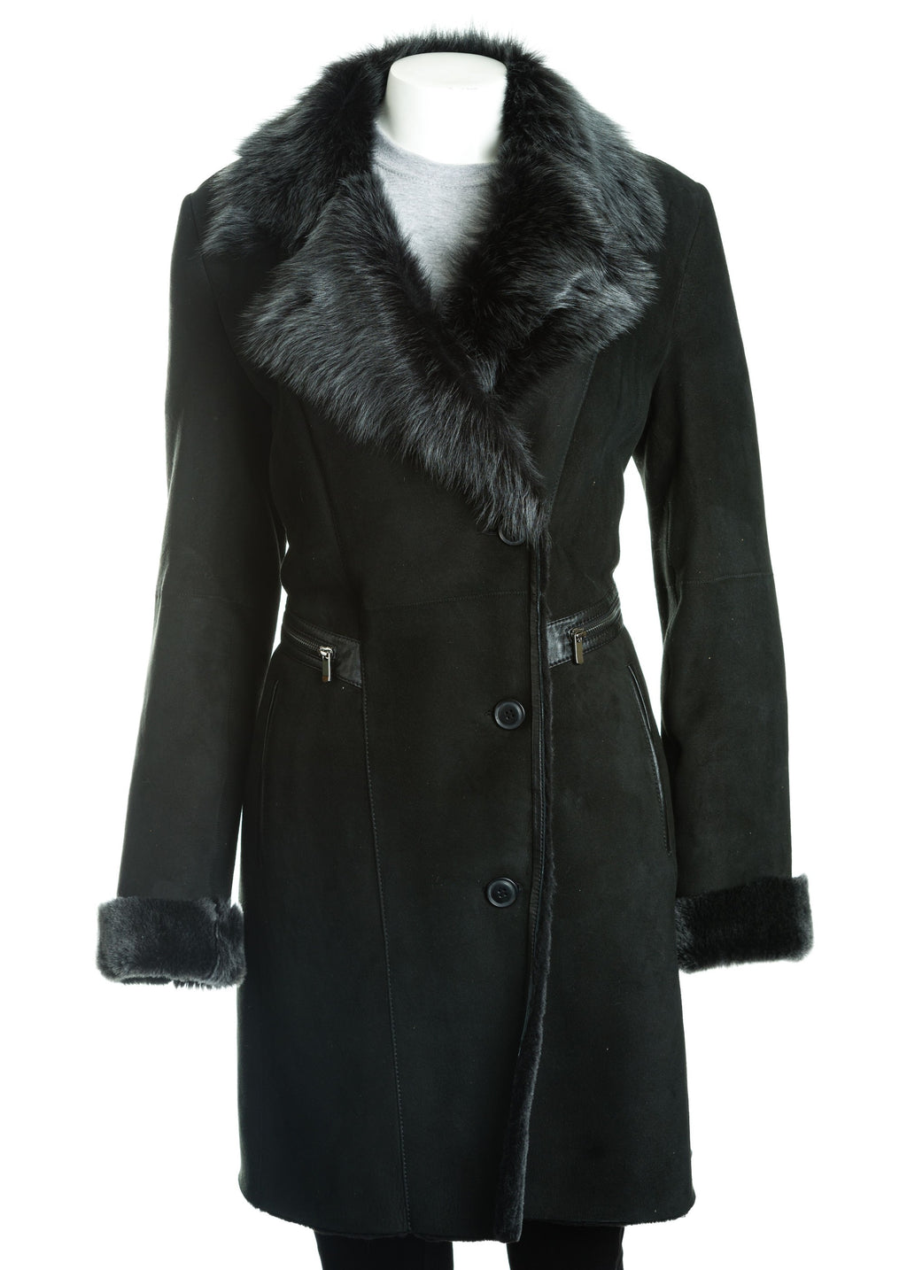 Women's Black 3/4 Button-Up Toscana Sheepskin Coat: Gabriella