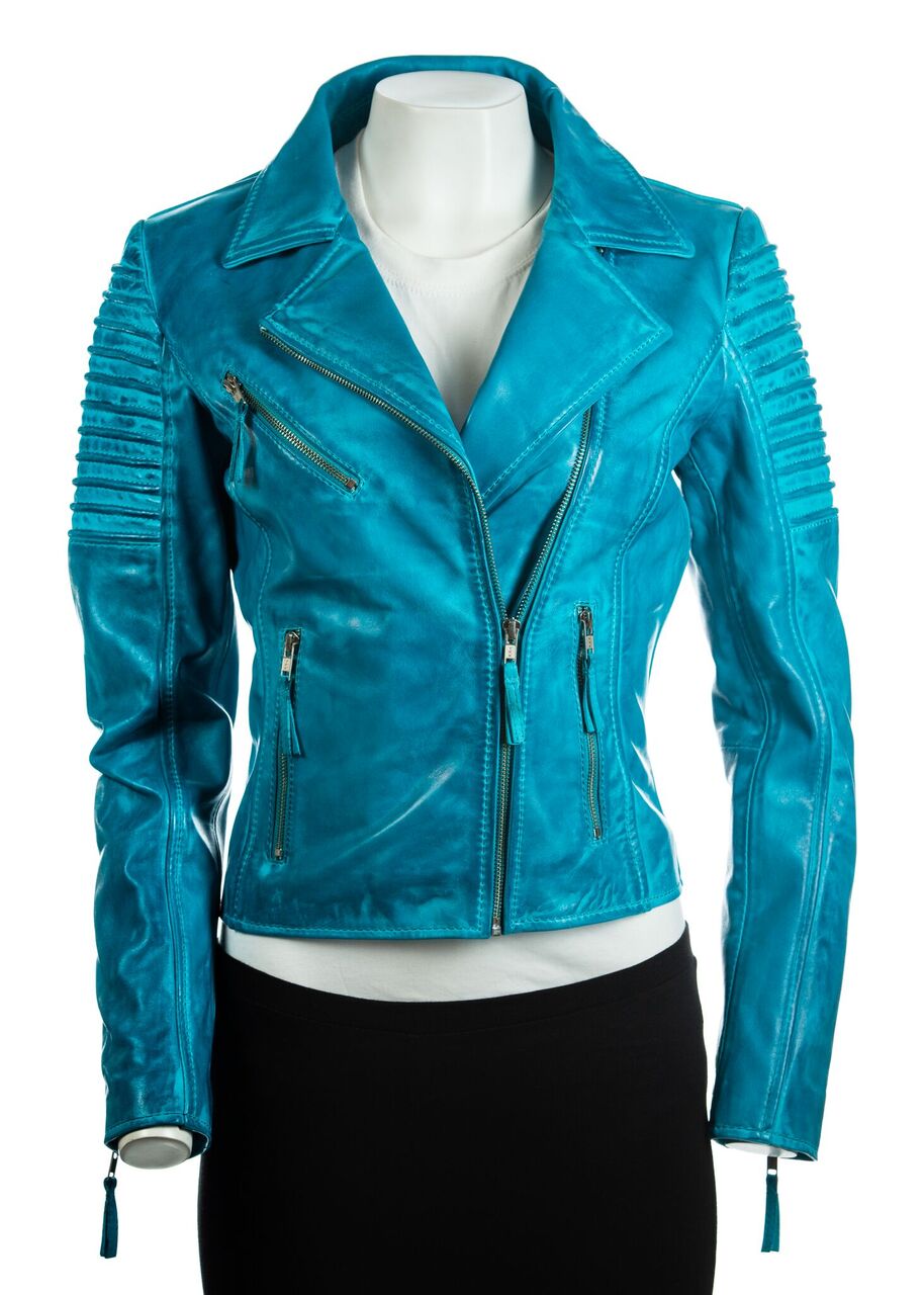 Ladies Turquoise Cross Zip Biker Style Leather Jacket: Giulia