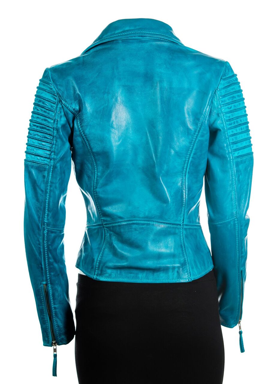 Ladies Turquoise Cross Zip Biker Style Leather Jacket: Giulia