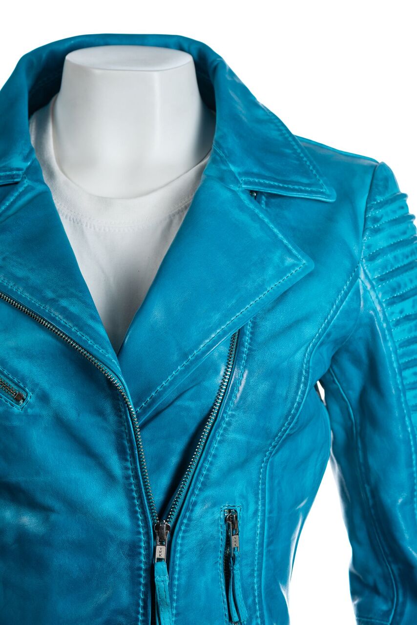 Ladies Turquoise Cross Zip Biker Style Leather Jacket: Giulia