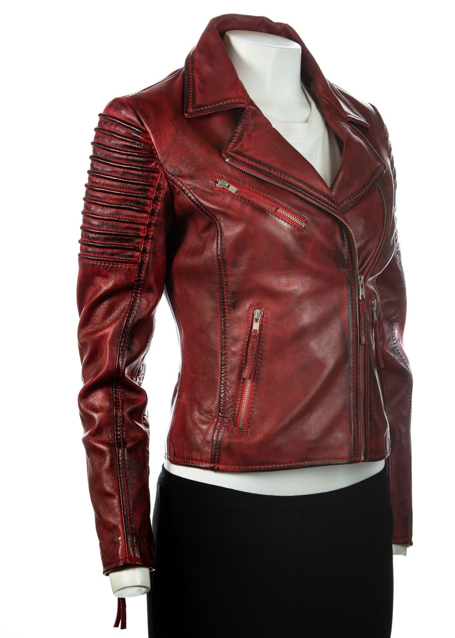 Ladies Red Cross Zip Biker Style Leather Jacket: Giulia