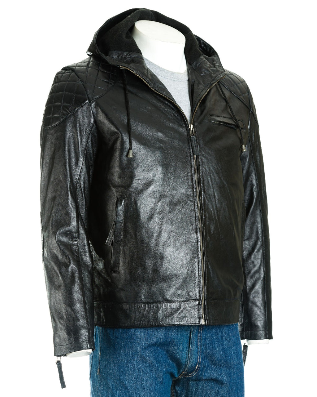 Men's Black Hooded Leather Stitch Detail Bomber Jacket: Geraldo