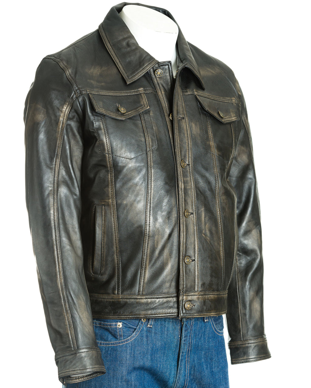 Men's Antique Black Denim Shirt Style Leather Jacket: Antonio
