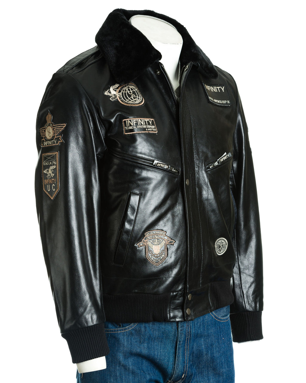 Men's Black Aviator Pilot Flight A2 Style Leather Jacket With Patch Detail And Detachable Faux Fur Collar: Giuseppe