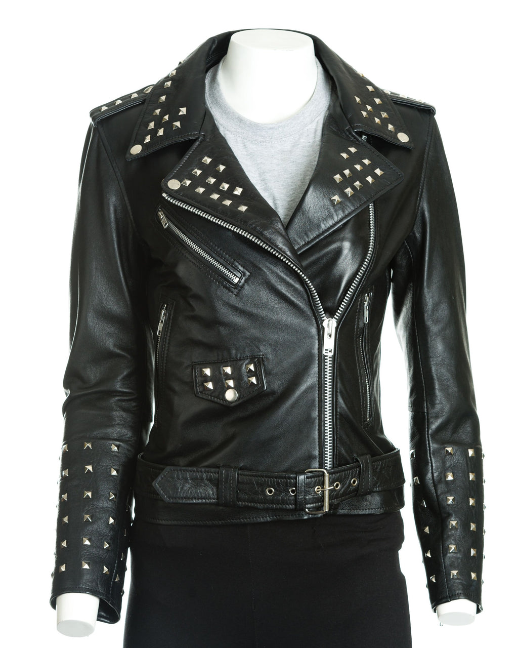 Women's Brando Style Leather Jacket With Studded Detail: Felipa